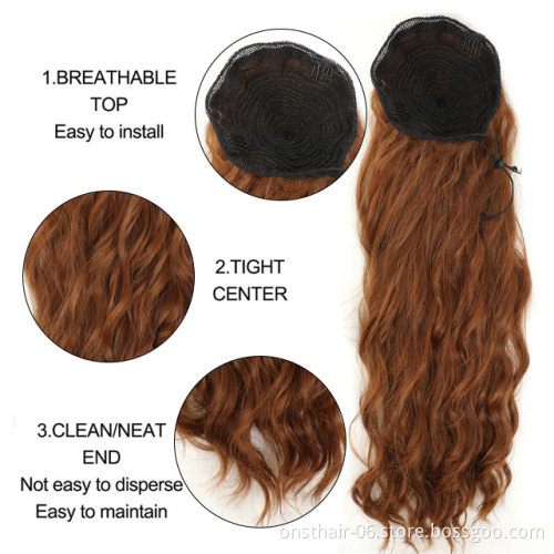 Long Wavy Ponytail Hair Synthetic Drawstring Ponytail Clip in Hairpiece Black Wave Ponytail for Black Women >=60% Whoslesale